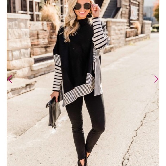 Pink Lily Sweaters - EVERYTHING YOU NEED BLACK STRIPED PONCHO
